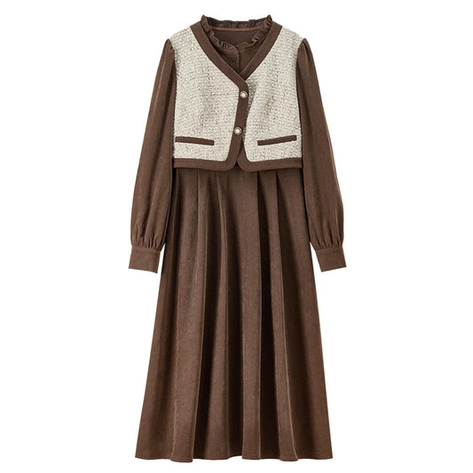 Layered-Look Ruffle-Neck Dress