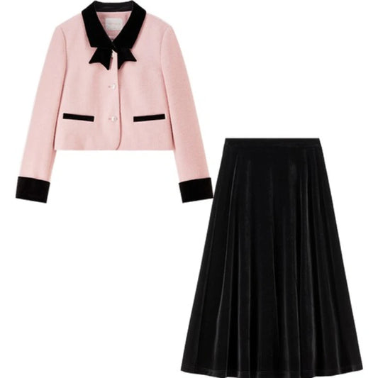 Contrast-Collar Jacket and Skirt Set