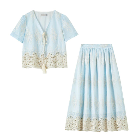 Lace-Trim Top and Midi Skirt Set