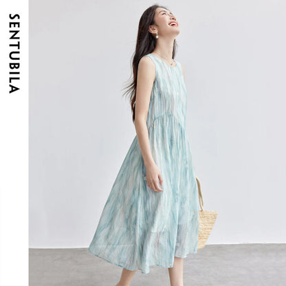 Abstract-Print Sleeveless Midi Dress
