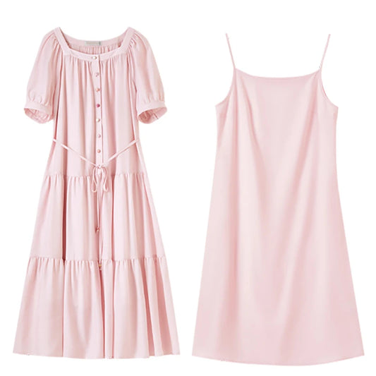 Tiered Puff-Sleeve Dress with Slip