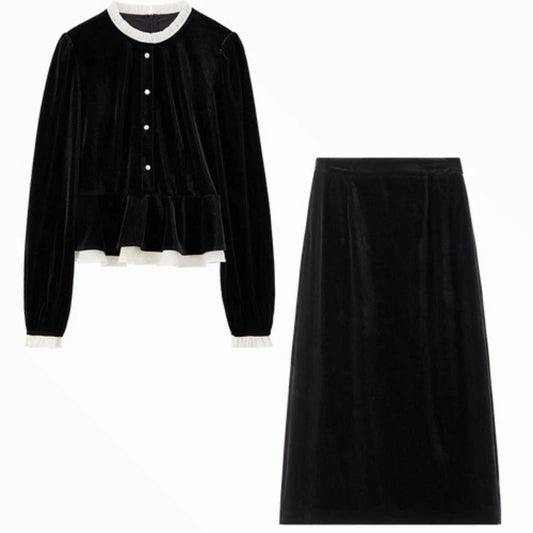 Contrast-Trim Top and Midi Skirt Set