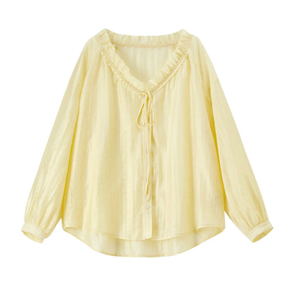 Ruffle-Trim Tie-Neck Blouse