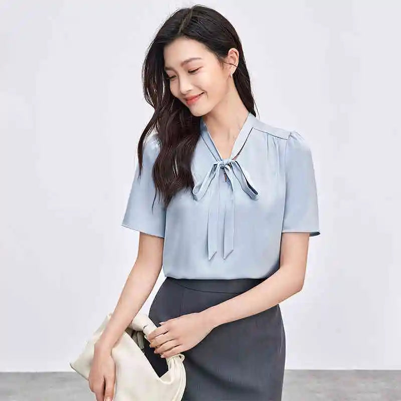 Tie-Neck Flutter-Sleeve Blouse