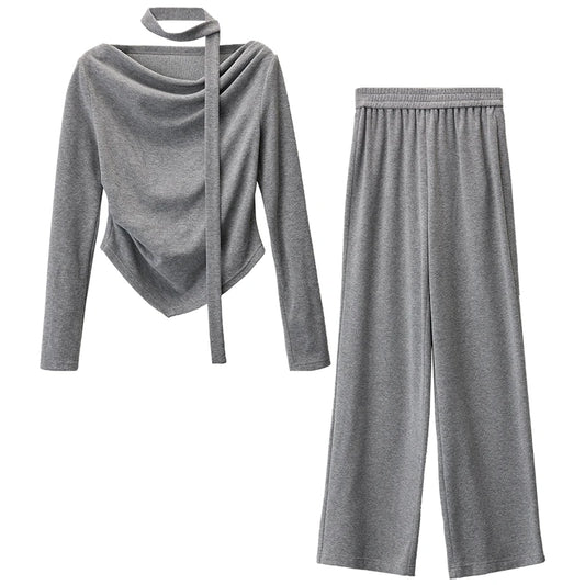 Draped Top and Wide-Leg Pants Set