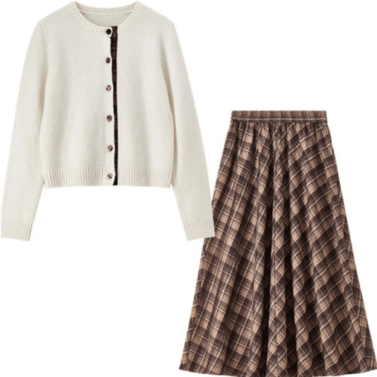 Cardigan and Checked Skirt Set