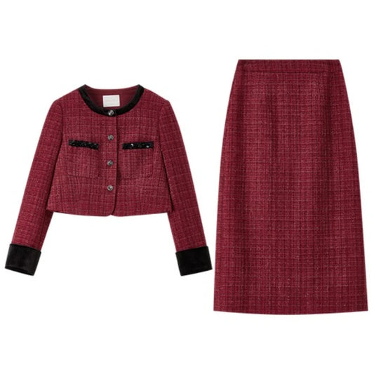 Contrast-Trim Jacket and Midi Skirt Set