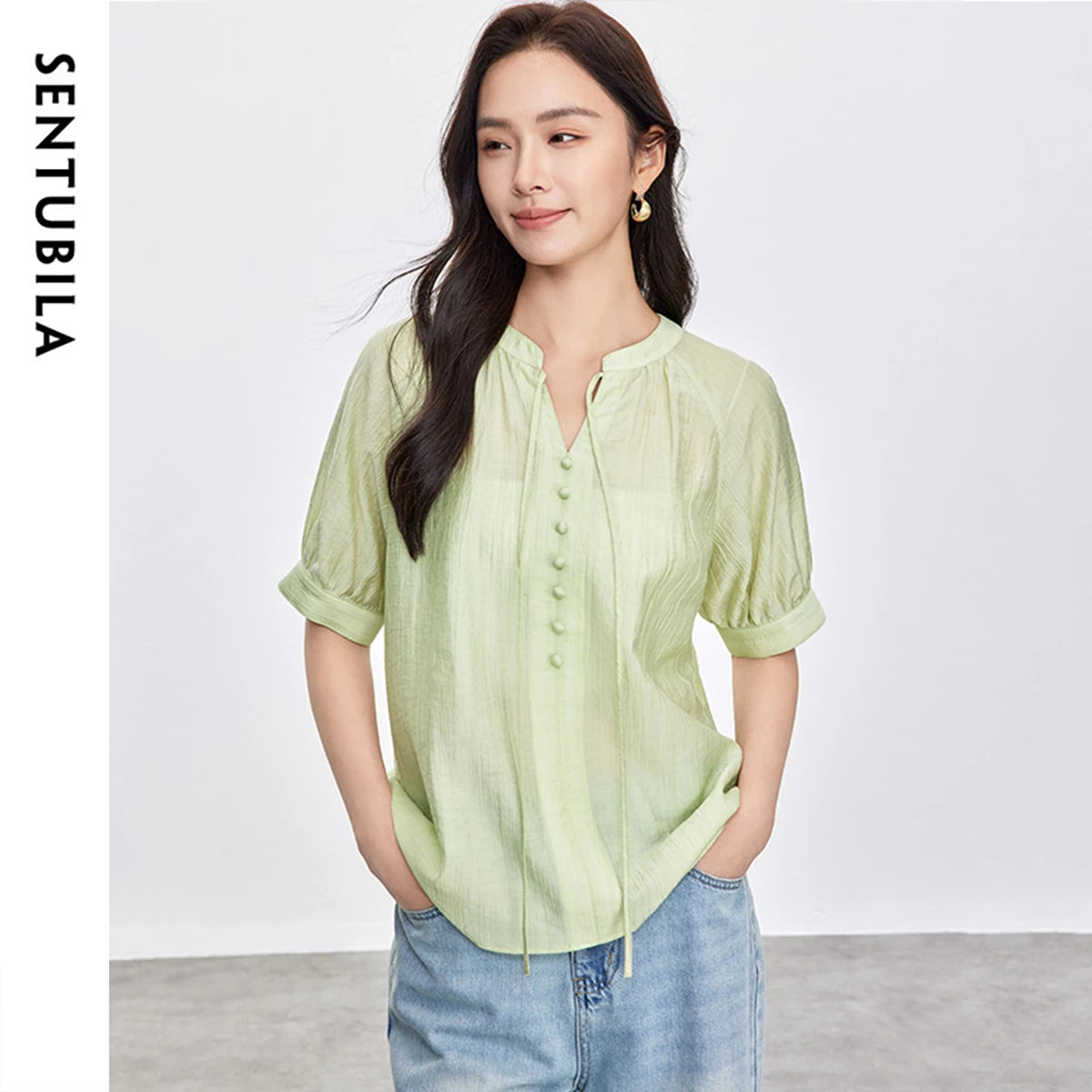 Tie-Neck Short-Sleeve Blouse