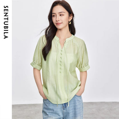 Tie-Neck Short-Sleeve Blouse