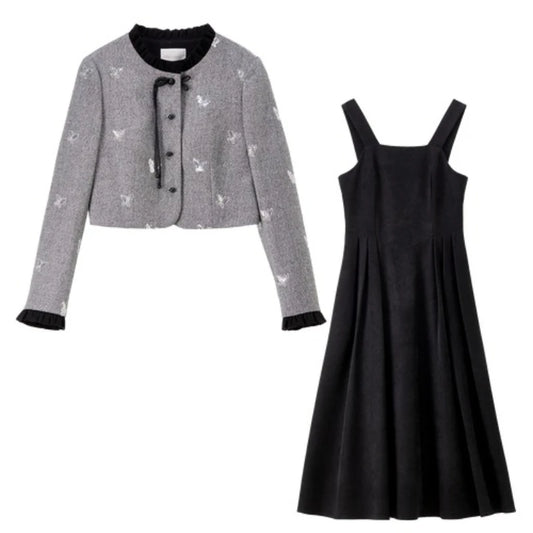 Contrast-Trim Jacket and Dress Set