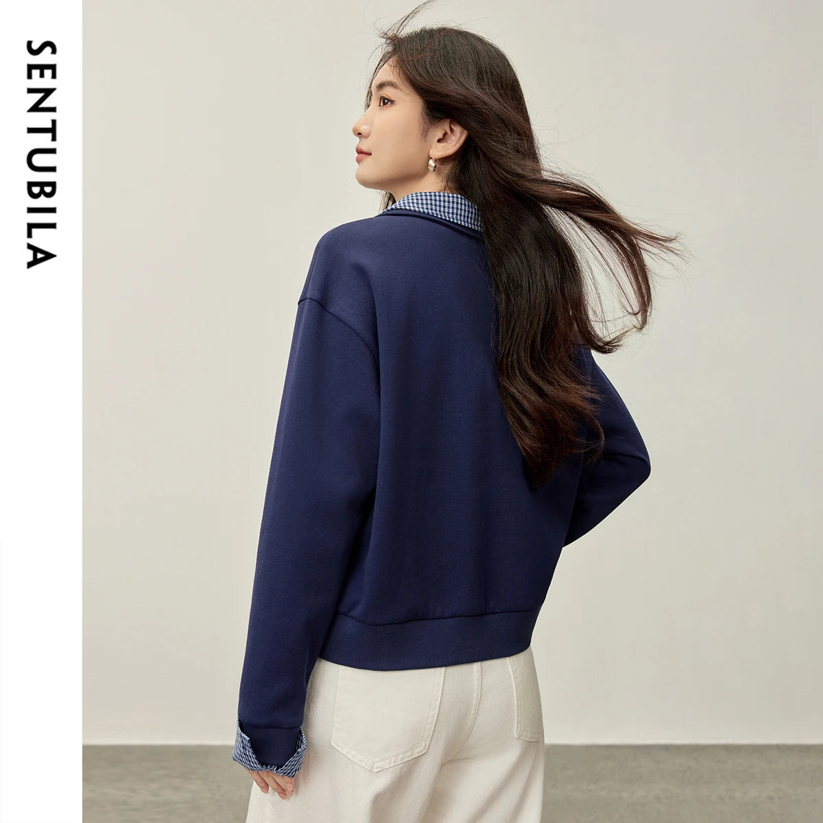 Gingham-Trim Collared Sweatshirt