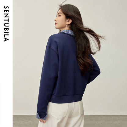 Gingham-Trim Collared Sweatshirt
