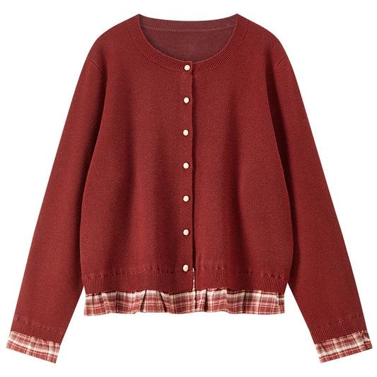 Checked-Trim Layered-Look Cardigan